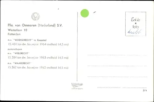 Ak MS Woensdrecht te Kaapstad, Phs. van Ommeren