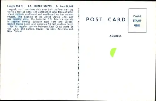 Ak Steamer SS United States, Dampfschiff, United States Lines, USL