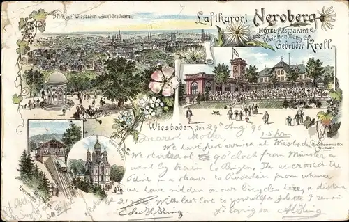 Litho Wiesbaden, Aussicht vom Neroberg, Hotel Restaurant der Gebrüder Krell, Zahnradbahn, Kapelle