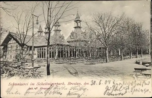 Ak Breslau (Wrocław) in Schlesien, Schweizerei im Scheitnigerpark