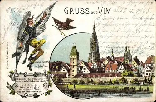 Litho Ulm an der Donau, Der Schneider v. Ulm, Stadtpanorama