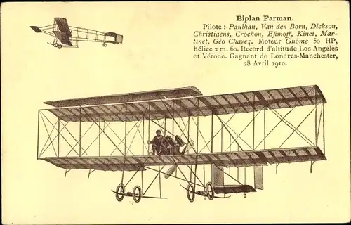 Ak Biplan Farman, Moteur Gnome, Flugpioniere, Pilote Paulhan, Van den Born, Dickson, Crochon