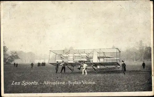 Ak Les Sports, Aeroplane, Biplan Voisin, Doppeldecker