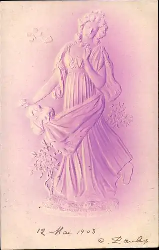 Präge Litho Frau in langem Kleid, Kitsch