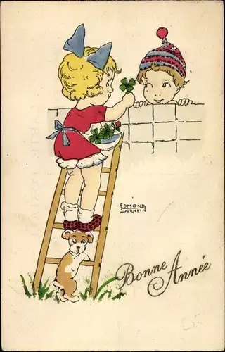 Künstler Ak Sornein, Edmond, Glückwunsch Neujahr, Kinder, Kleeblatt, Hund