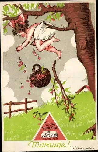 Ak Maraude, Culotte Venusta, Mädchen hängt mit Unterhose am Ast fest, Reklame