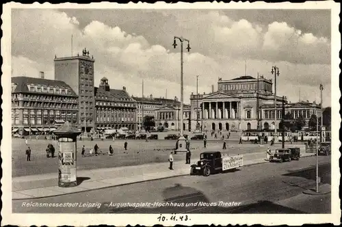 Ak Leipzig in Sachsen, Augustusplatz, Hochhaus, Neues Theater, Straßenbahn, Litfaßsäule