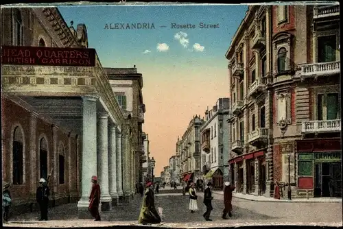 Ak Alexandria Ägypten, Rosette Street, British Garrison Headquarters, Straßenansicht