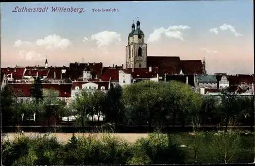 Ak Lutherstadt Wittenberg, Blick auf die Kirche und Wohnhäuser von Wiese gesehen