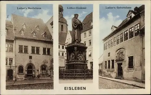 Ak Lutherstadt Eisleben, Luther's Sterbehaus, Luther-Denkmal, Luther's Geburtshaus