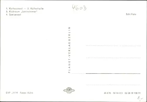 Ak Bad Schmiedeberg in der Dübener Heide, Kurhaus,  Klubraum Leninzimmer, Speisesaal, Kaffeehalle