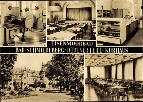 Ak Bad Schmiedeberg in der Dübener Heide, Kurhaus, Eisenmoorbad, Küche, Büffet, Saal