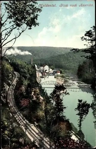 Ak Amerika Penig in Sachsen, Blick in das Muldental mit Ort, Brücke