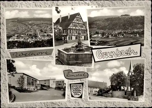 Ak Grunbach Remshalden in Württemberg, Brunnen, Panorama, Kirche, Fachwerkhaus, Wappen
