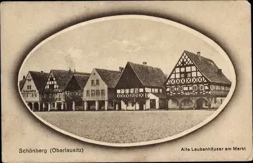 Ak Sulików Schönberg Oberlausitz Niederschlesien, Alte Laubenhäuser am Markt