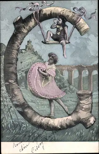 Buchstaben Ak Buchstabe G aus Holz, Kind auf Schaukel, Tänzerin