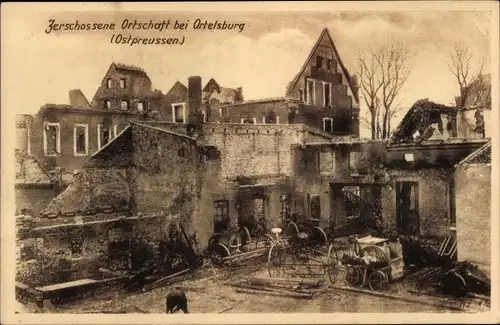 Ak Szczytno Ortelsburg Ostpreußen, Blick auf zerschossenes Gebäude