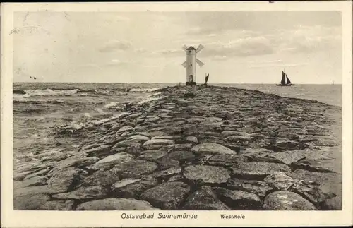 Ak Świnoujście Swinemünde Pommern, Westmole, Windmühle