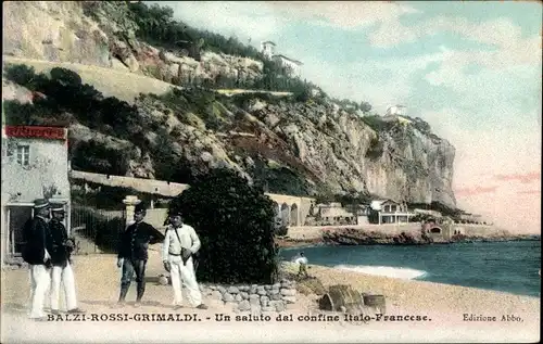 Ak Grimaldi di Ventimiglia Liguria, Balzi Rossi, un saluto dal confine Italo-Francese, Grenzposten