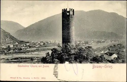 Ak Gries Bozen Bolzano Südtirol, Gescheibter Turm mit Ortsansicht