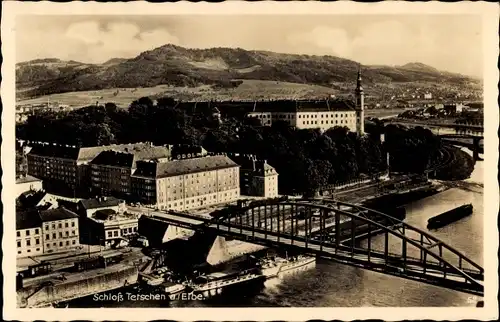 Ak Děčín Tetschen an der Elbe Region Aussig, Schloss, Brücke