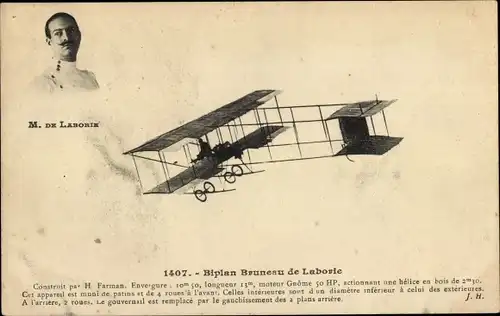 Ak Biplan Bruneau de Laborie, Farman, Doppeldecker, Flugpionier