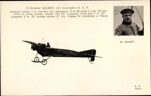 Ak Flugzeug, L'Aviateur Mamet, sur Monoplan R.E.P., Flugpionier
