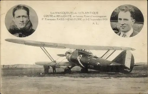 Ak Les Vainqueurs de l'Atlantique Coste et Bellonte, avion Point d'Interrogation, 1930