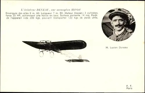 Ak L'Aviateur Lucien Deneau, monoplan Bleriot, Flugpionier