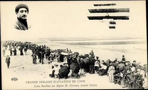 Ak Grande Semaine d'Aviation de Lyon, Louis Paulhan sur Biplan H. Farman