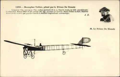 Ak Monoplan Tellier, pilote par le Prince de Nissole, Flugpionier, Flugzeug