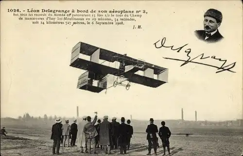 Ak Leon Delagrange a bord de son aeroplane no. 3, Doppeldecker