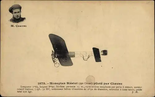 Ak Monoplan Bleriot, pilote par Chavez,Flugpionier, Flugzeug