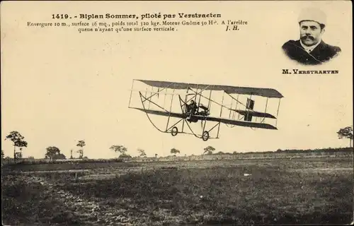 Ak Biplan Sommer, pilote par Verstraeten, Flugpionier, Flugzeug