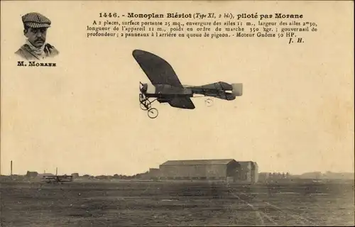 Ak Monoplan Bleriot, pilote par Morane, Flugpionier, Flugzeug
