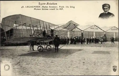 Ak Lyon Rhône, Legagneux, Biplan Sommer, Flugpionier, Flugzeug