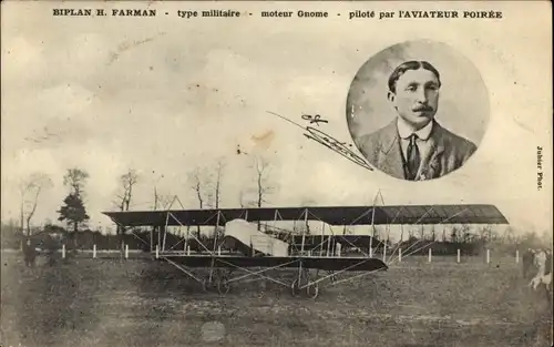 Ak Biplan H. Farman, type militaire, pilote par l'Aviateur Poiree