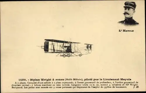 Ak Biplan Wright à roues, piloté par le Lieutenant Mayols, Modèle militaire