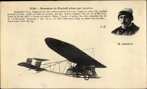 Ak Monoplan de Pischoff pilote par Landron, Flugpionier, Flugzeug
