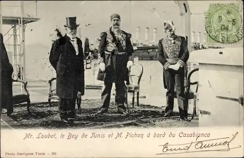 Ak Président Loubet, le Bey de Tunis et M. Pichon a bord du Casabianca, portrait