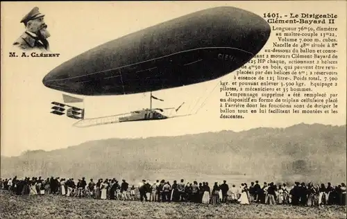 Ak Dirigeable Clement Bayard II, Portrait, A. Clement, Luftschiff
