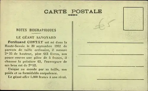 Ak Le Géant Savoyard, Ferdinand Contat, 2.35m Hauteur
