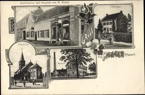 Litho Höngen Hoengen Alsdorf, Pfarrhaus, Pfarrkirche, Molkerei, Restauration u. Handlung H. Stoffel