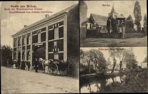 Ak Millen Selfkant Nordrhein Westfalen, Geschäftshaus Joh. Schoffelen, Kirche, Rittergut Haus Millen