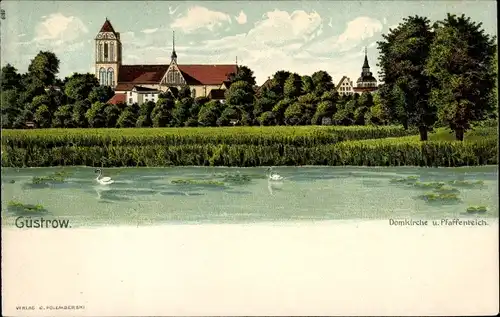 Litho Güstrow in Mecklenburg, Domkirche und Pfaffenteich