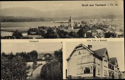 Ak Tambach Dietharz in Thüringen, Villa Türk und Malsch, Talsperre, Blick auf den Ort