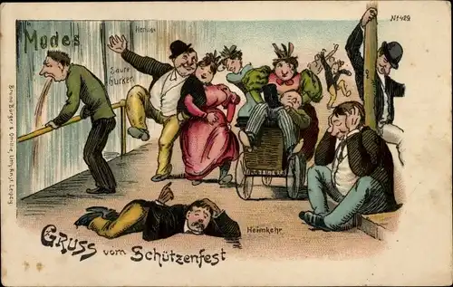 Litho Betrunkene bei der Heimkehr vom Schützenfest, Bruno Bürger 429