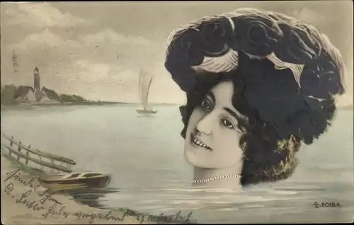 Ak Portrait einer Frau mit Hut, Gewässer