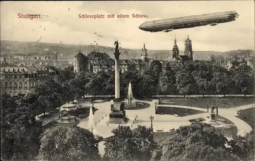 Ak Stuttgart in Baden Württemberg, Schlossplatz mit altem Schloss, Zeppelin