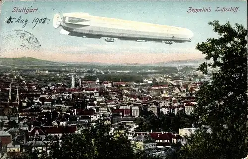 Ak Stuttgart in Baden Württemberg, Zeppelin über der Stadt